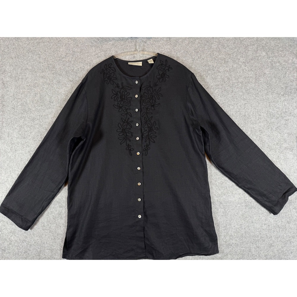 Valerie Stevens Linen Tunic Women 8 Black Excellent Vintage Soutache Embroidery